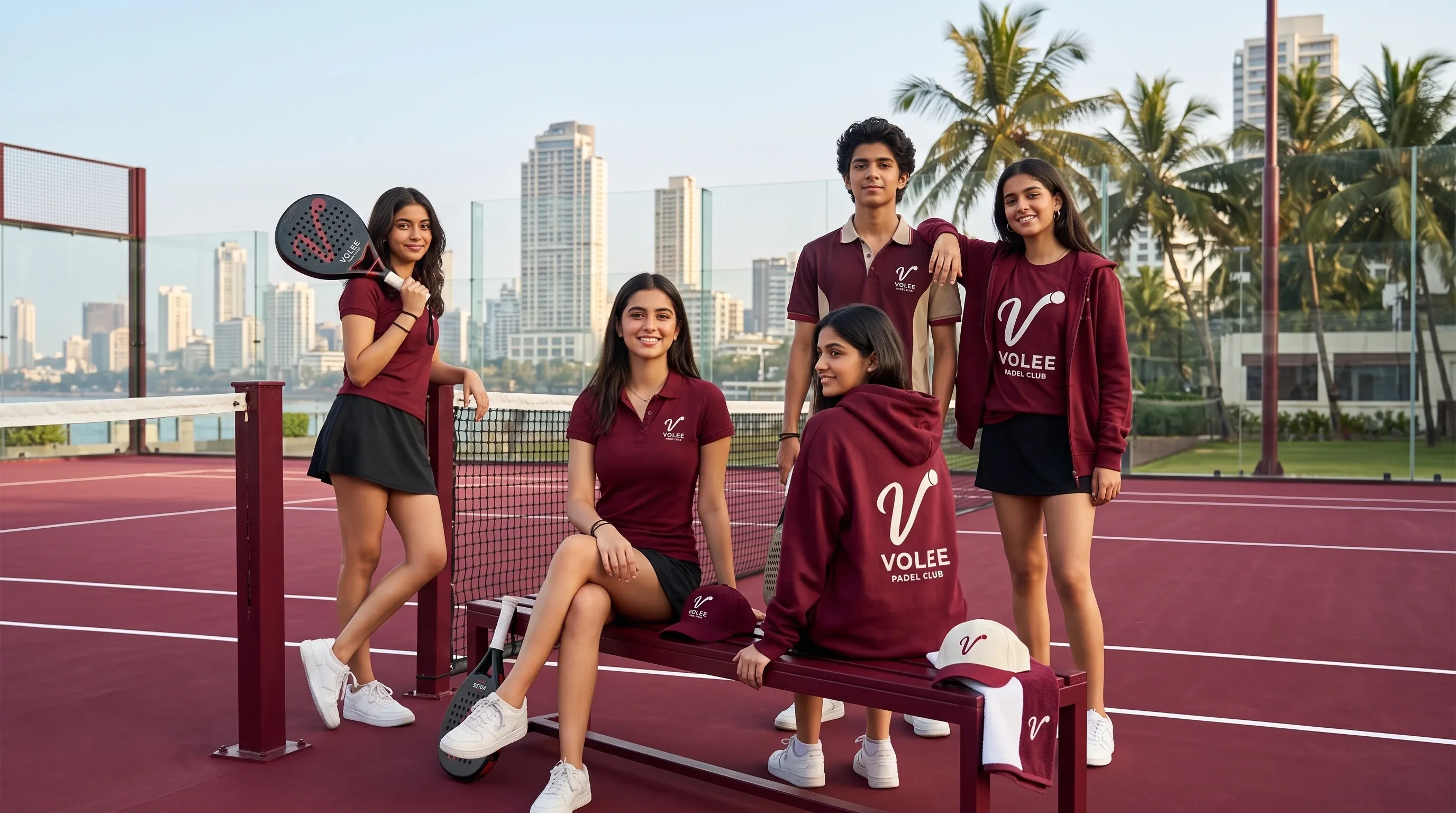 Five members in club kit at the courtside, towers and palms behind