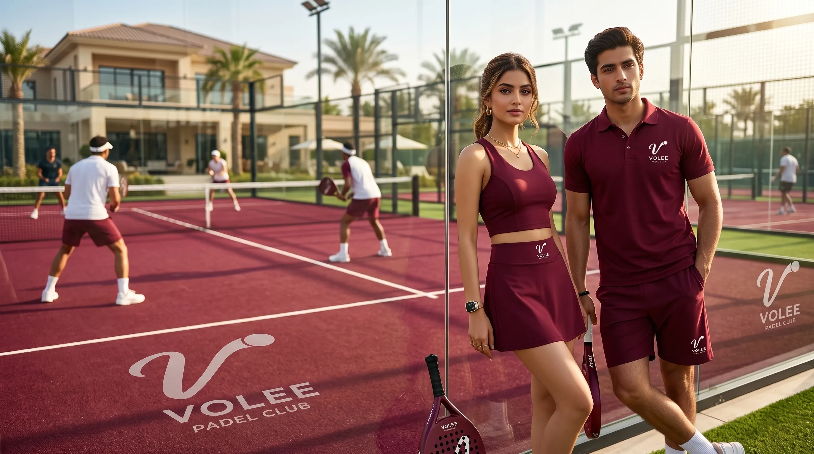 Two members in maroon club kit at the courtside in Juhu, the clubhouse and palms behind