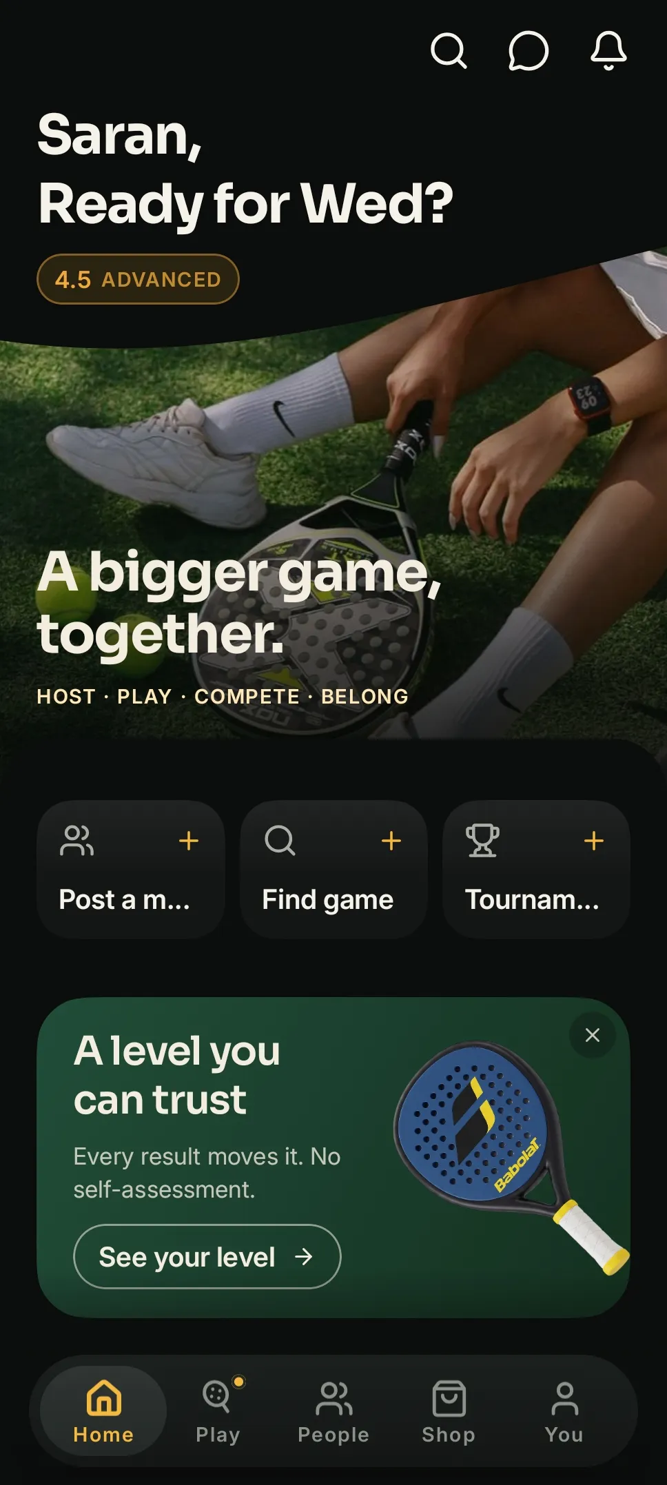 The Volée app, open on its home screen