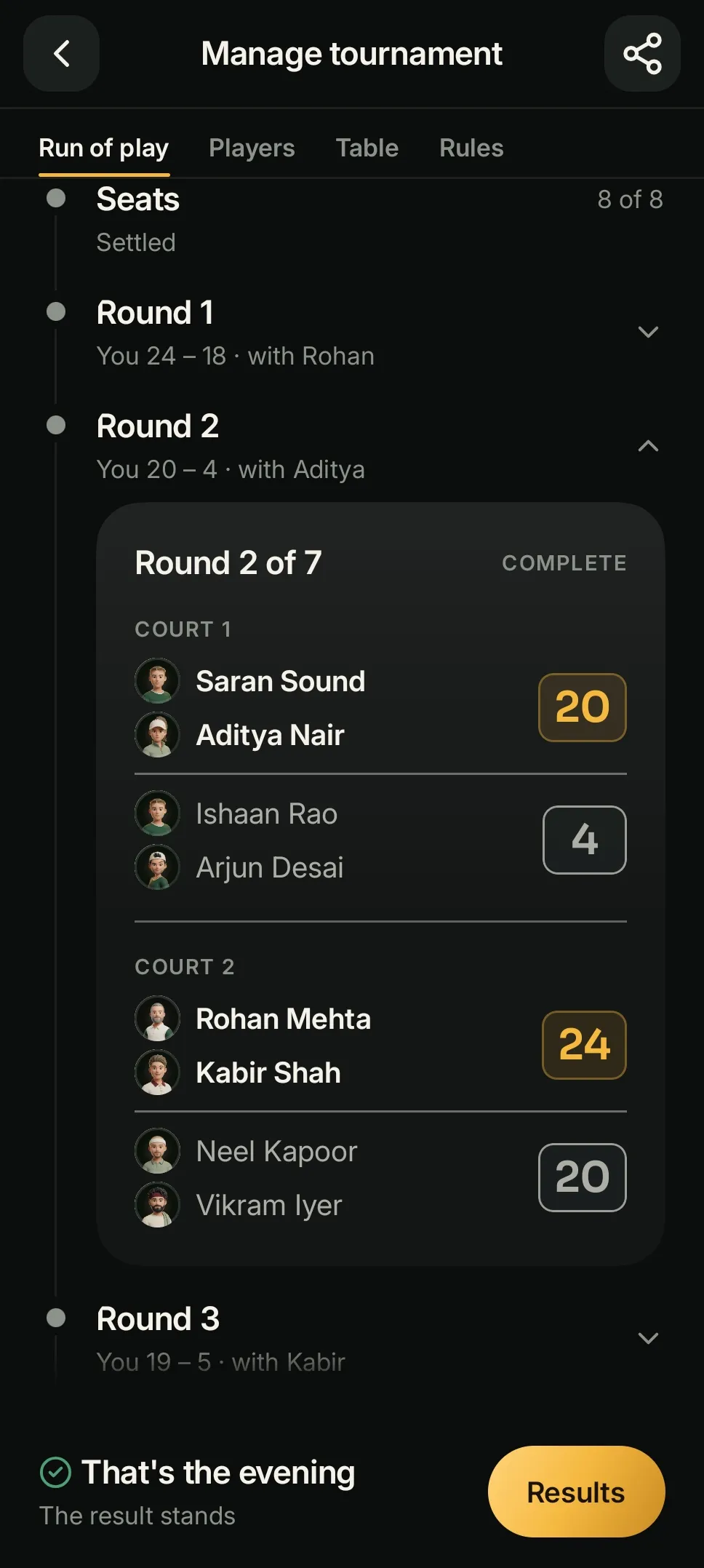 Run of play in the app: round 2 of 7, courts and scores