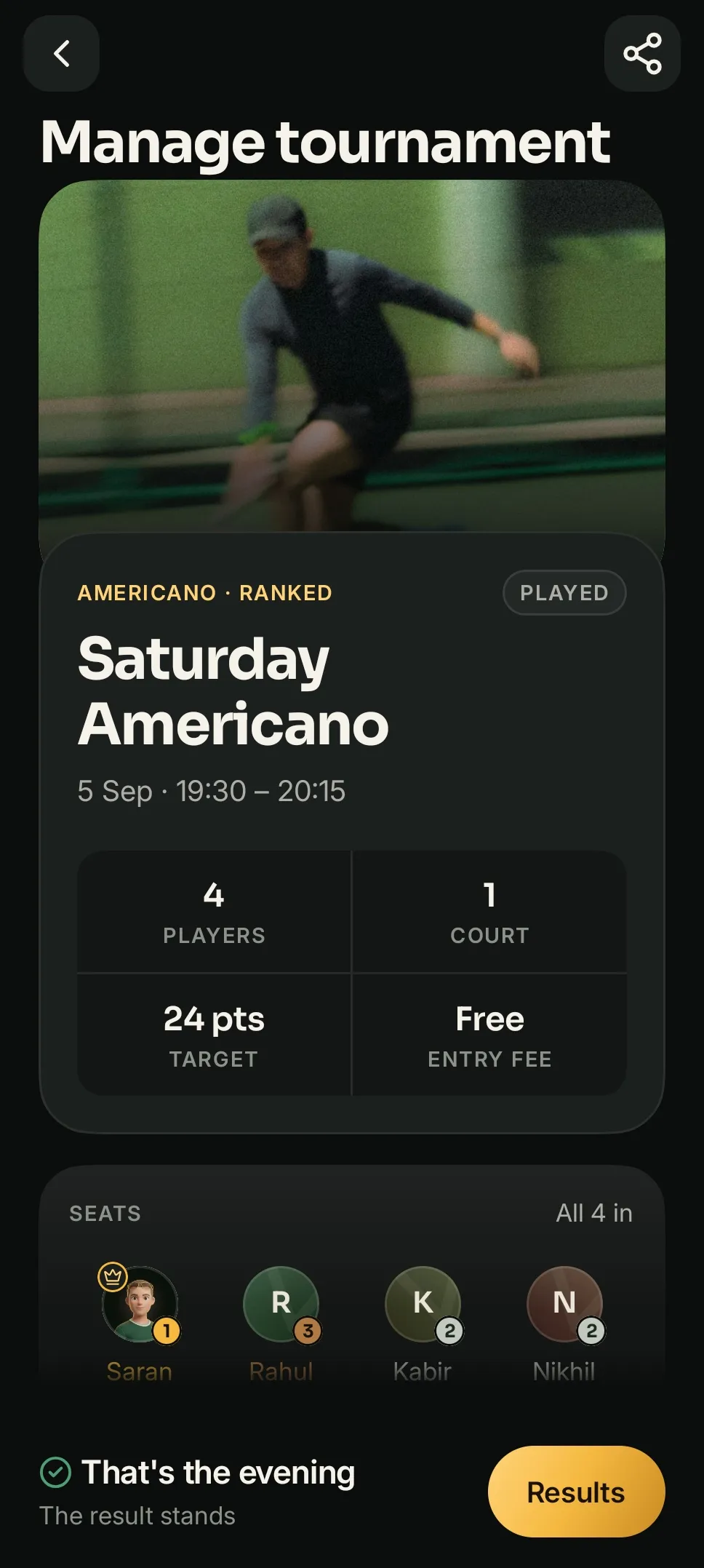 A Saturday Americano in the app: four players, one court, 24 points, all four seats taken