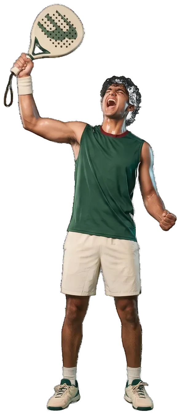 A player in bone and forest kit, padel bat raised after a winning point